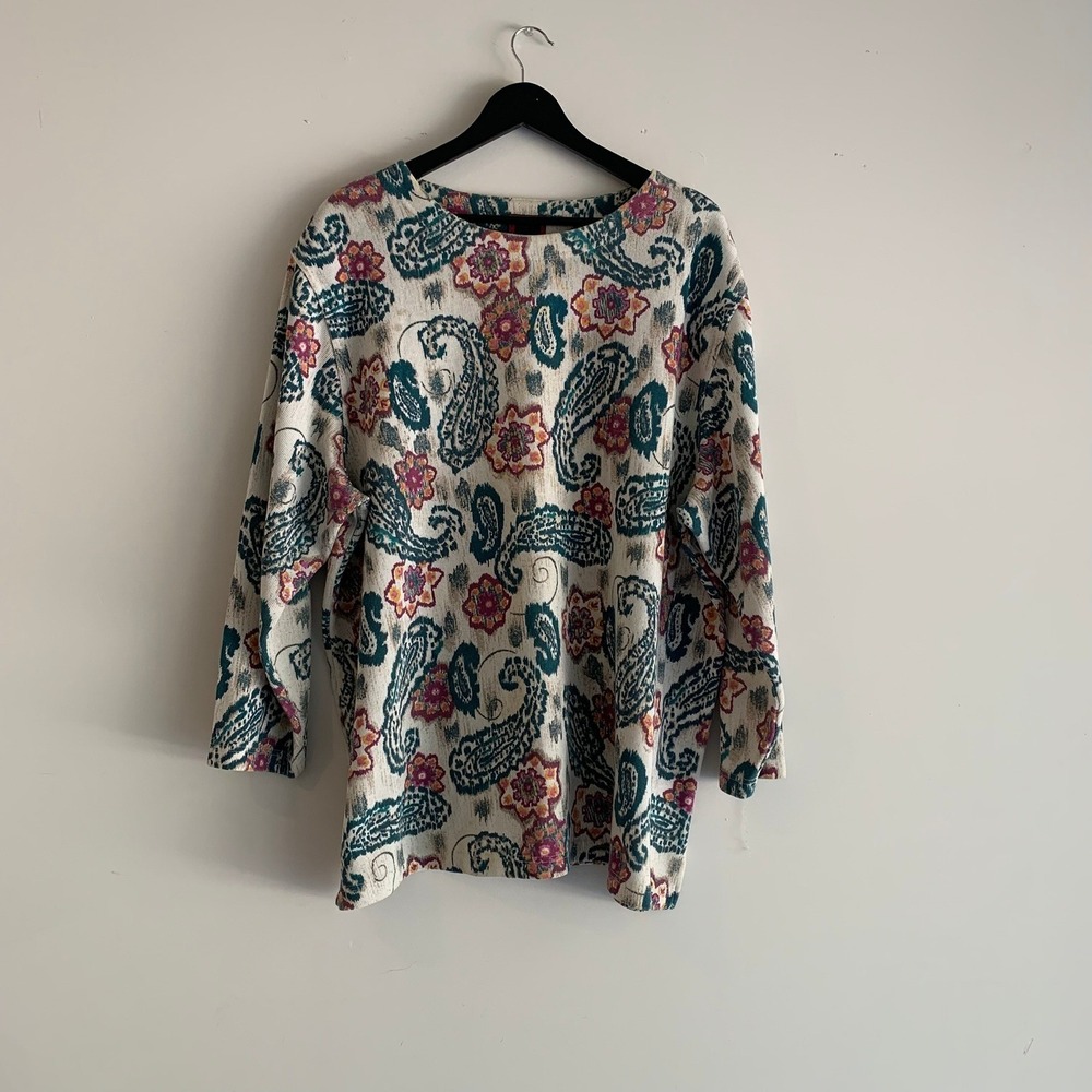 Vintage C.S.T. Sport Paisley Floral Knit Top 3X Teal Magenta Padded Shoulder - Picture 1 of 5